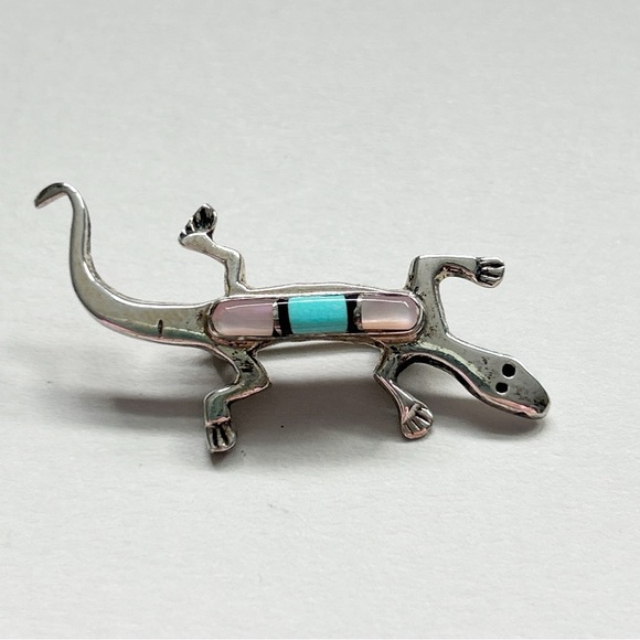 Signed Navajo Turquoise Onyx Pearl Inlay Sterling Silver Lizard Brooch Pin - Picture 6 of 9